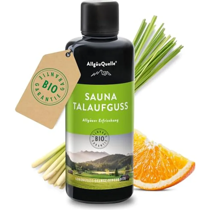 Allgäuquelle Sauna-Aufgussset Bio Talaufguss mit naturreinen Ölen, 100ml, Lemongrass, Orange und Bergamotte