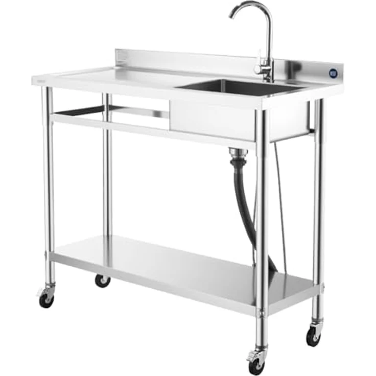 VEVOR Edelstahl Spültisch mit Wasserhahn & Rädern, 1200 x 500 x 1055 mm, Multifunktionsdesign für Garage und Restaurant, verstellbare Ablage, 360° drehbarer Wasserhahn – Bild 9
