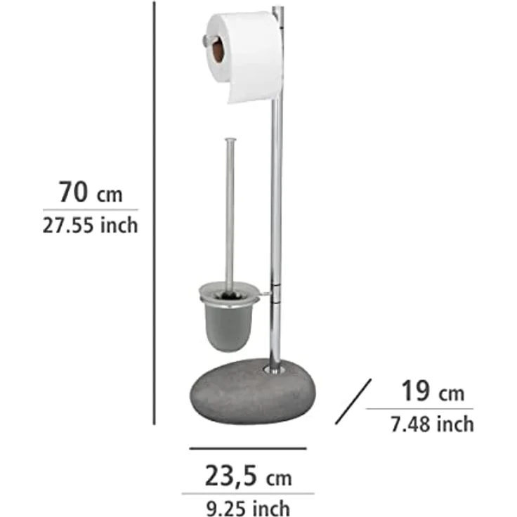 WENKO Offene WC-Garnitur Pebble Stone mit integriertem Toilettenpapierhalter, natürliche Steinoptik, inkl. WC-Bürste mit auswechselbarem Bürstenkopf, hochwertiger Kunststein, 23,5 x 70 x 19 cm, Grau – Bild 4