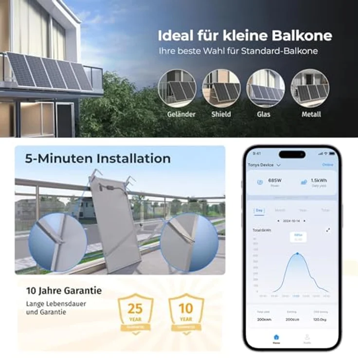 SUNSHARE Ray Lite 400W Balkonkraftwerk Set, 1 kWh Stromspeicher, Plug-&-Play Installation, Halterung für Balkongeländer, Silber – Bild 7