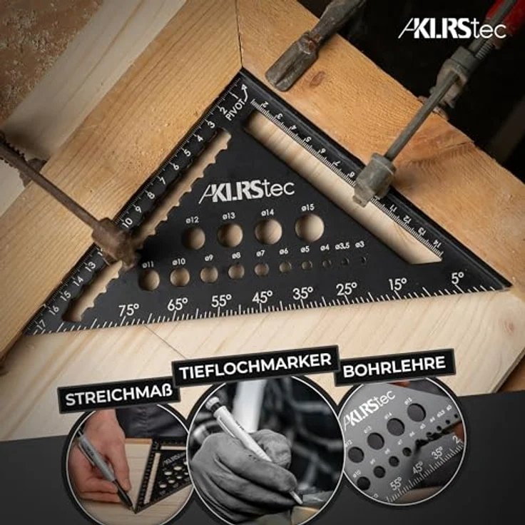 KLRS KLRStec Professional Zimmermannswinkel Set – Multifunktionswinkel inkl. Tieflochmarker, Metall Messwinkel Werkzeug-Set in Grau – Bild 3