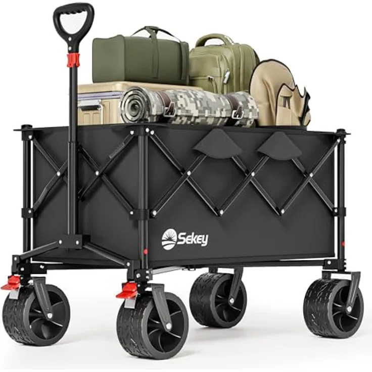 Sekey XXL Bollerwagen, Faltbar 135L, 150KG belastbar, leichte All-Terrain-Räder mit Bremse, patentierter 4-Wege-Sofortaufbau, Schwarz