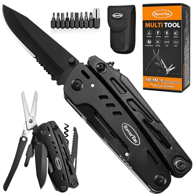 RoverTac Multitool Taschenmesser 18 in 1, Multifunktionswerkzeug aus rostfreiem Edelstahl mit Nylontasche, ideal für Camping und Heimwerker