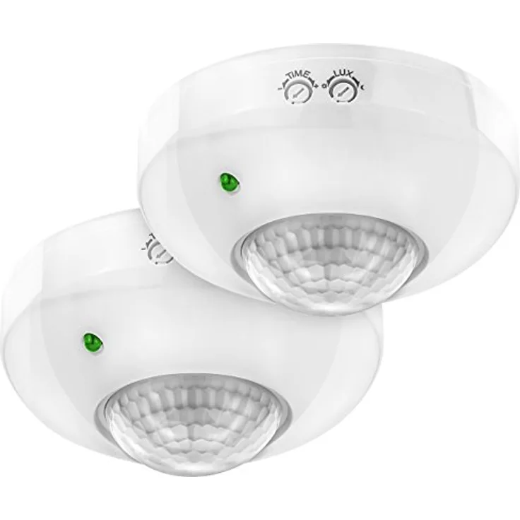 deleyCON 2X Infrarot Bewegungsmelder Aufputz Deckenmontage Innenbereich Weiß, 360° Arbeitsfeld, 6m Reichweite, eingebauter Lichtsensor