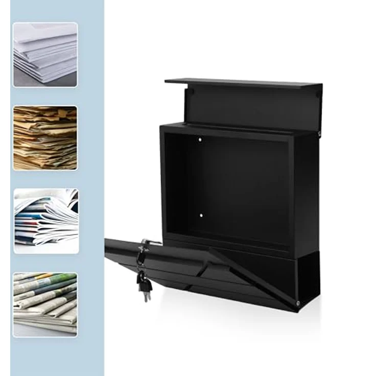 relaxdays Wandbriefkasten Metall, Briefkasten mit Zeitungsfach und Zylinderschloss, schwarz – Bild 6
