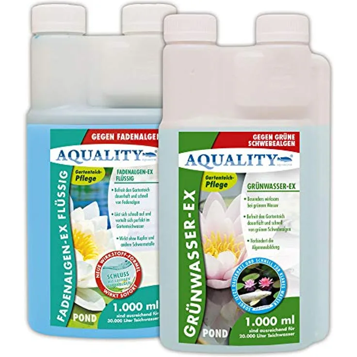 AQUALITY Algenvernichter Komplett-Sparset Gartenteich (Befreit und entfernt Fadenalgen, Schwebealgen, grünes Wasser schnell und dauerhaft)