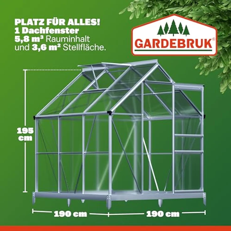 GARDEBRUK® Gewächshaus Aluminium 3,6m² mit Fundament 190x190cm, inkl. Dachfenster, stabil für Tomaten- und Pflanzenaufzucht, wetterbeständig, 5,8m³容量 – Bild 3