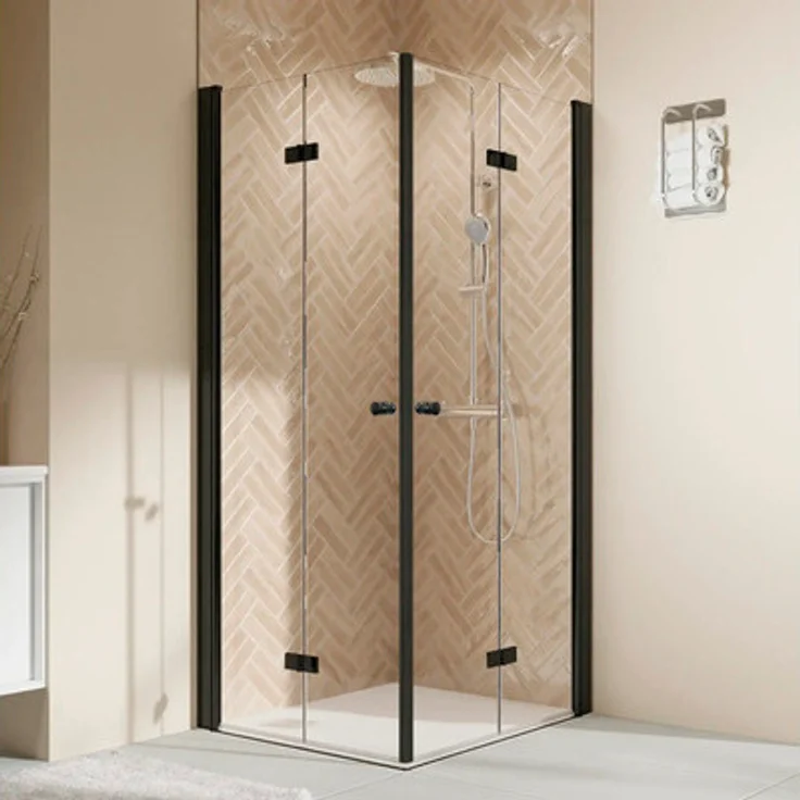 Breuer Eckeinstieg mit Drehfalttür Elana 2.0 100 x 100 cm, Profil eckig, schwarz, Glasdekor Intima