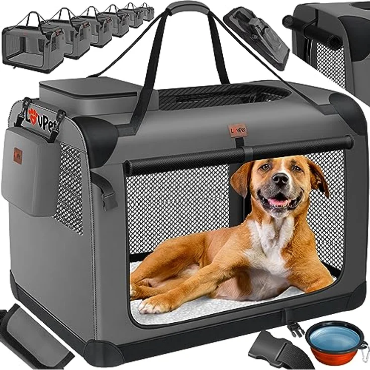 Lovpet® Hundebox Hundetransportbox faltbar Inkl.Hundenapf M 60x42x42cm Transporttasche Hundetasche Transportbox für Haustiere, Hunde und Katzen Haustiertransportbox Anthrazit – Bild 1