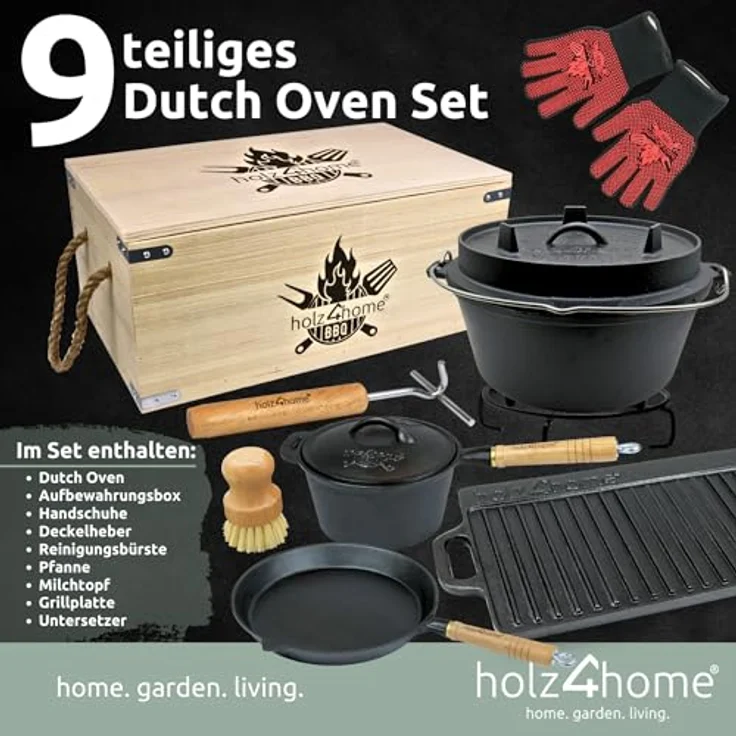 holz4home 9-teiliges Dutch Oven Set I 4,3L Feuertopf Gusseisen in Holzkiste I Pfanne Grillplatte Kochtopf Deckelheber Reinigungsbürste, Robustes Gusseisen, Vielseitige Anwendung, Hervorragende Wärmespeicherung, Pflegeleicht, Praktisches Zubehör – Bild 3