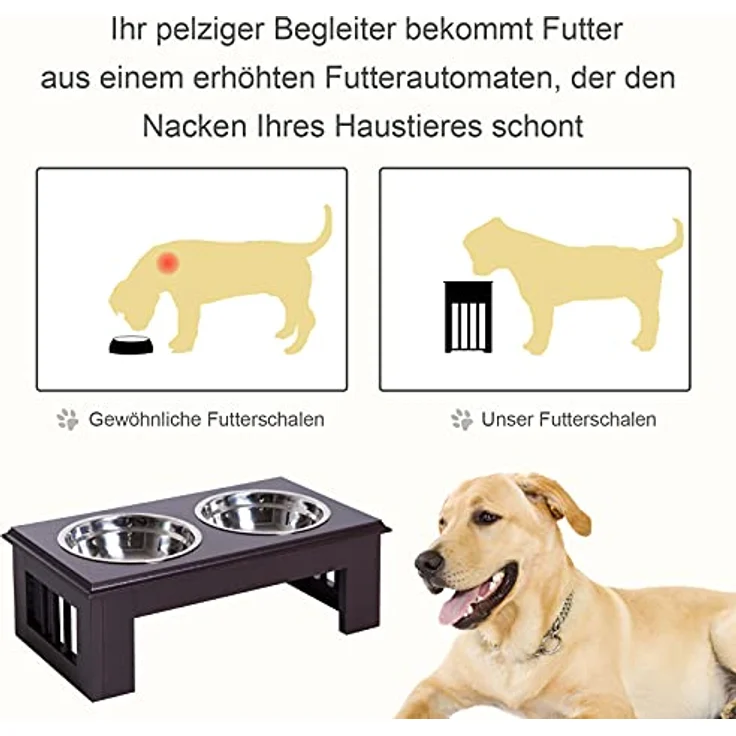 PawHut Hundenapf, 2 Näpfe, Futterschüssel, erhöhter Katzen Futternapf, Pflegeleicht, Edelstahl MDF, Kaffee, 44 x 24 x 15 cm - Preisvergleich – Bild 4