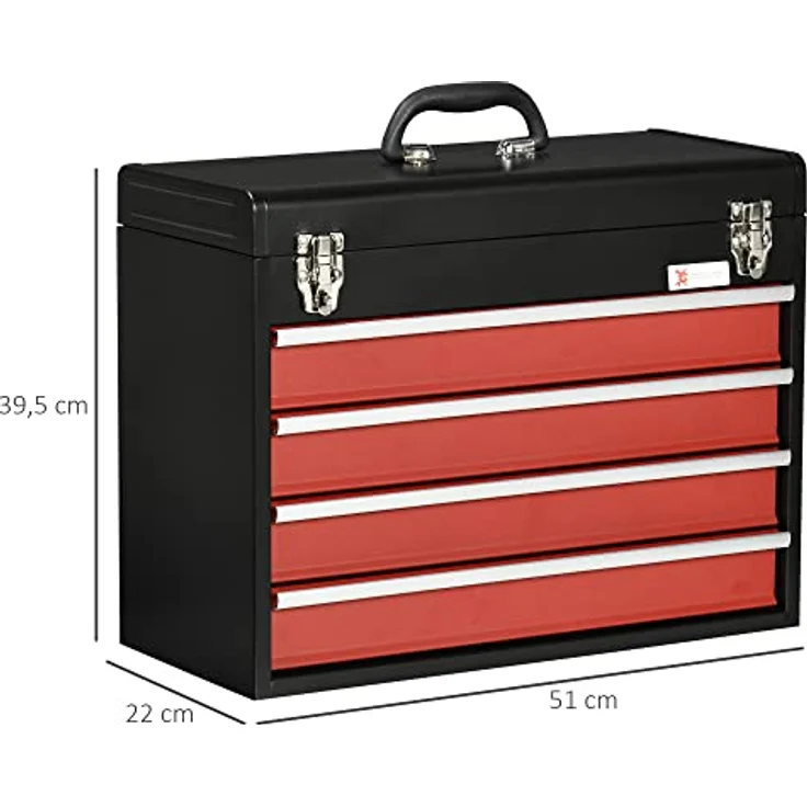 DURHAND Werkzeugkasten, Werkzeugkoffer ohne Werkzeug, Werkzeugkiste mit Griff, Werkzeugbox mit 4 Schubladen, Schloss, Stahl, Schwarz+Rot, 51 x 22 x 39,5 cm – Bild 3
