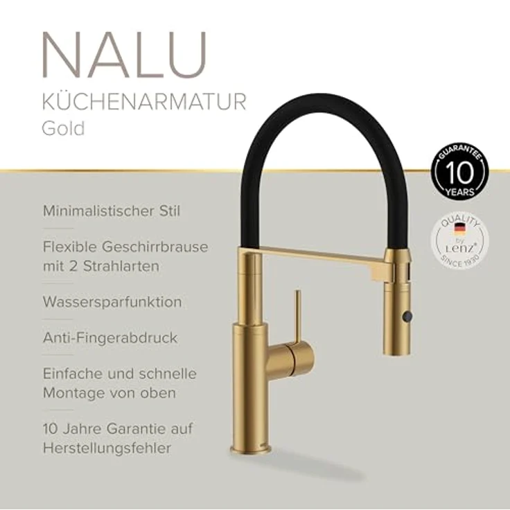 Lenz Küchenarmatur NALU, Flexible Pendelbrause mit 2 Strahlarten und Anti-Fingerabdruck-Beschichtung, gold – Bild 4