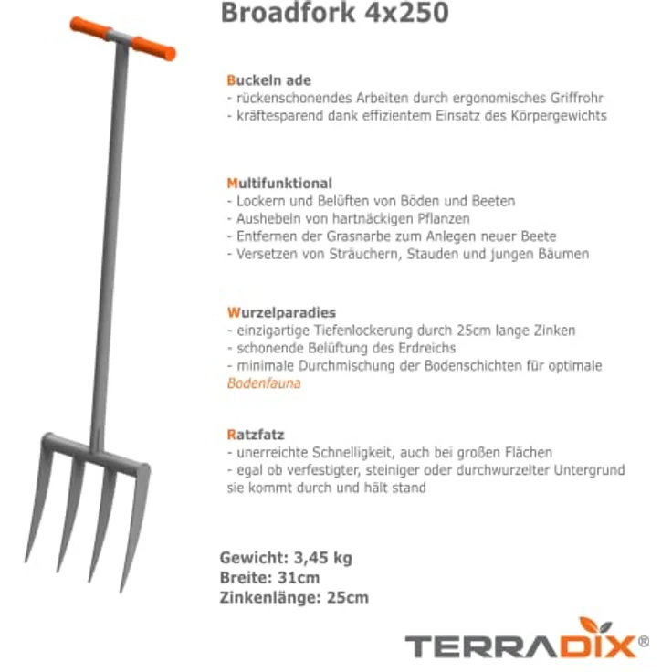 Grabegabel TERRADIX 4x250 - Massive Ausführung für steinige, durchwurzelte und verfestigte Böden - Arbeitsbreite 31cm - Zinkenlänge 25cm – Bild 2