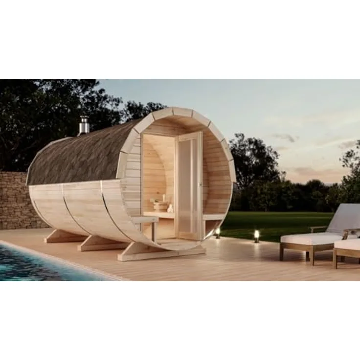 FinnTherm Fasssauna Charlotte 2 Sitzbänke aus Holz Sauna Wandstärke 42 mm Außensauna