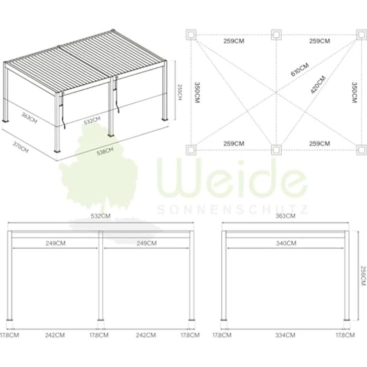 Weide SONNENSCHUTZ Weide Deluxe Voll-Alu-Pavillon 3,6 x 5,3 M Lamellendach anthrazit Pergola freistehend – Bild 5