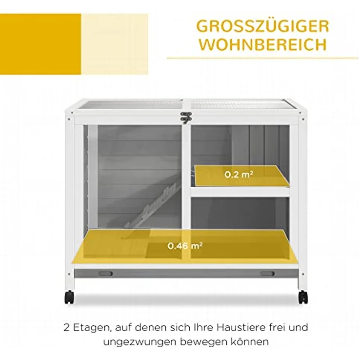 PawHut Kleintierkäfig mit Rädern Meerschweinchenkäfig Kleintierstall Kleintierhaus innen und außen Winterfest Tannenholz Grau 91,5 x 53,3 x 73 cm - 2 Ebenen, Massivholz, Rollen, einfache Reinigung – Bild 3