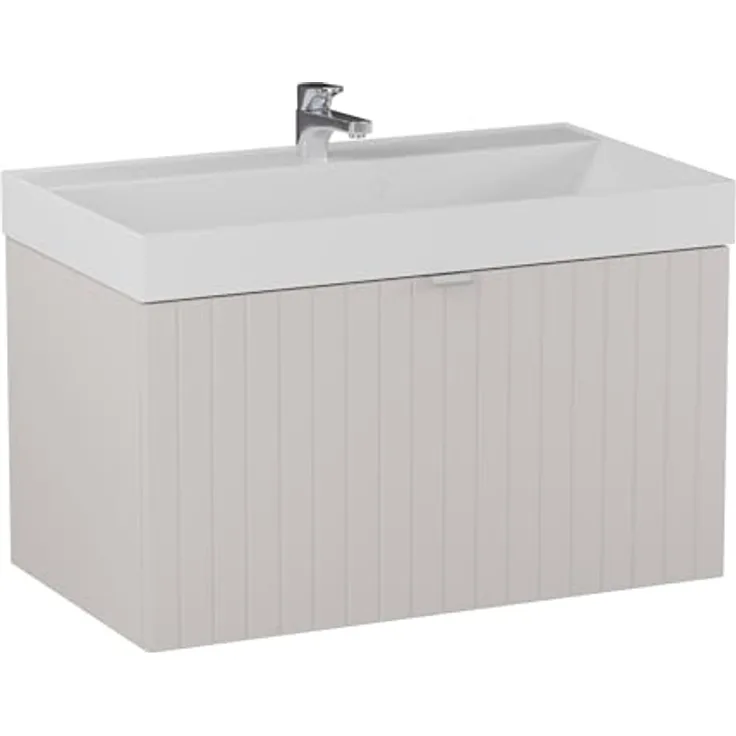 BadeDu Esla Waschbecken mit Unterschrank - 79 cm Breit, Gussmarmor Waschbecken in Weiß mit 2 Schubladen in Grau