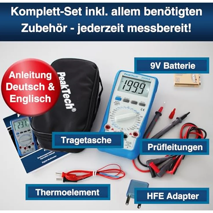 PeakTech Multimeter PeakTech 2005 A: Digital Multimeter mit 2.000 Counts und 1000V AC/DC, doppelt isoliertes Gehäuse, beleuchtetes Display - Schwarz – Bild 6