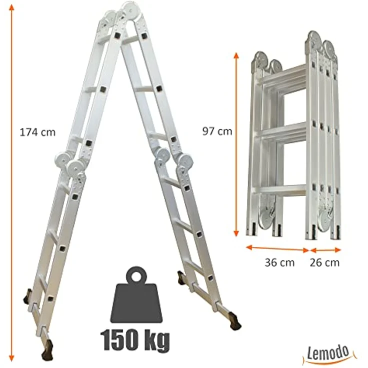 Alu Multifunktionsleiter | 12 Sprossen Leiter klappbar 4-teilig | 356 cm Länge | Gelenkleiter Leitergerüst Klappleiter Stehleiter Aluleiter Anlegeleiter Bockleiter | bis 150 kg – Bild 2