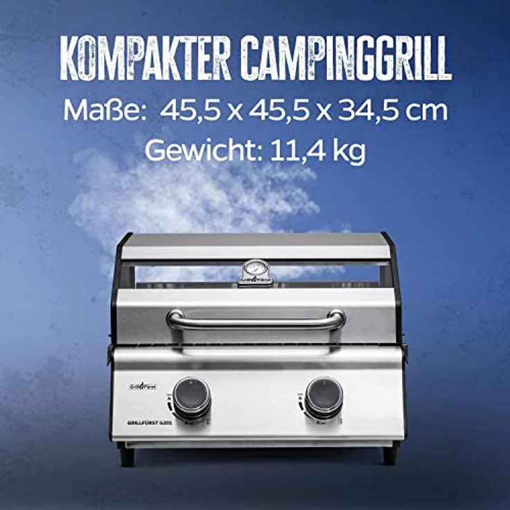 Grillfürst Camping Gasgrill G201E - 2-Brenner Edelstahl Balkon Gasgrill mit Sichtscheibe, Kleiner Outdoor Tisch-Gasgrill, doppelwandiger Gas Griller mit Druckregler – Bild 2