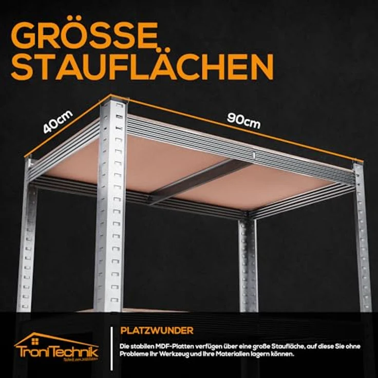 Tronitechnik® Schwerlastregal, Kellerregal, Lagerregal 40 x 90 x 180 cm, 875 kg belastbar, 5 verstellbare Ablagen, silbern – Bild 3