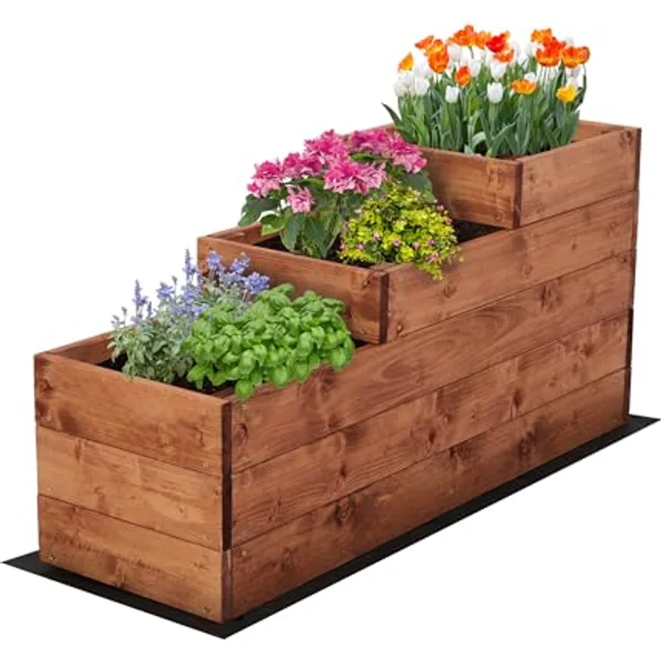 MODO24 Hochbeet Holz, 3-stufiger Pflanzkasten mit Gartenvlies, Abmessungen 45x30x93 cm, Farbe: Braun, ideal für Gemüse, Kräuter und Blumen