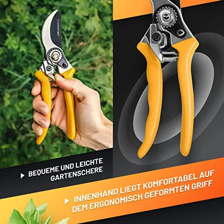 GRÜNTEK SPECHT Garten-Schere, Bypass-Rebschere mit SK5 Stahl-Klinge, Antihaftbeschichtung, ergonomischem, rutschfestem Griff, 215mm, für Rosen, Blumen, Obst & Zweige – Bild 4