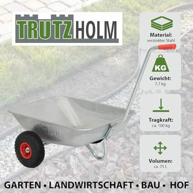 TRUTZHOLM Schubkarre Einhandkarre mit Luftreifen, 100 kg Traglast, 75 L Volumen, wendig und robust für Garten und Friedhof – Bild 3