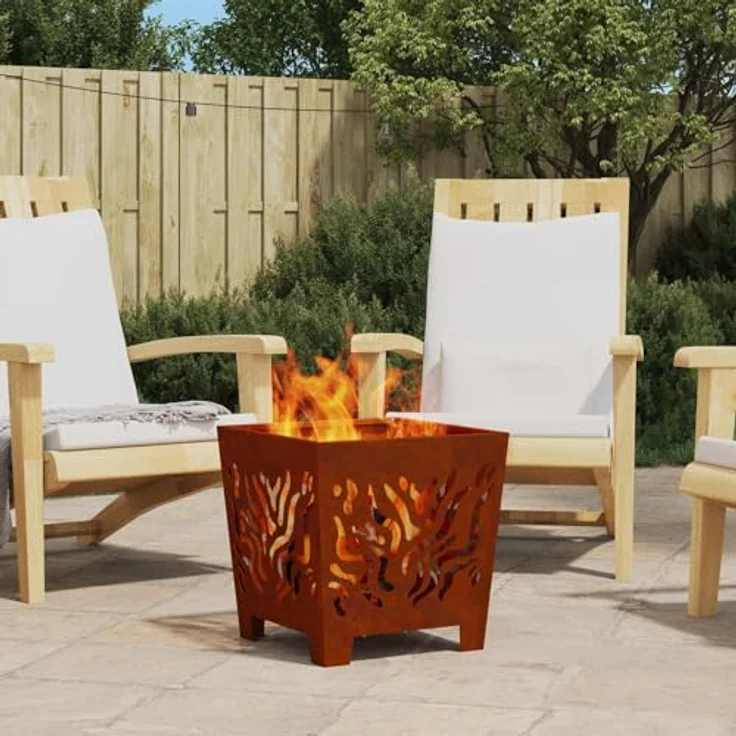 vidaXL Feuerstelle Braun, quadratischer Outdoor-Feuerkorb aus Stahl, 40 x 40 x 40 cm, hitzebeständig, ideal für Garten und Terrasse – Bild 2