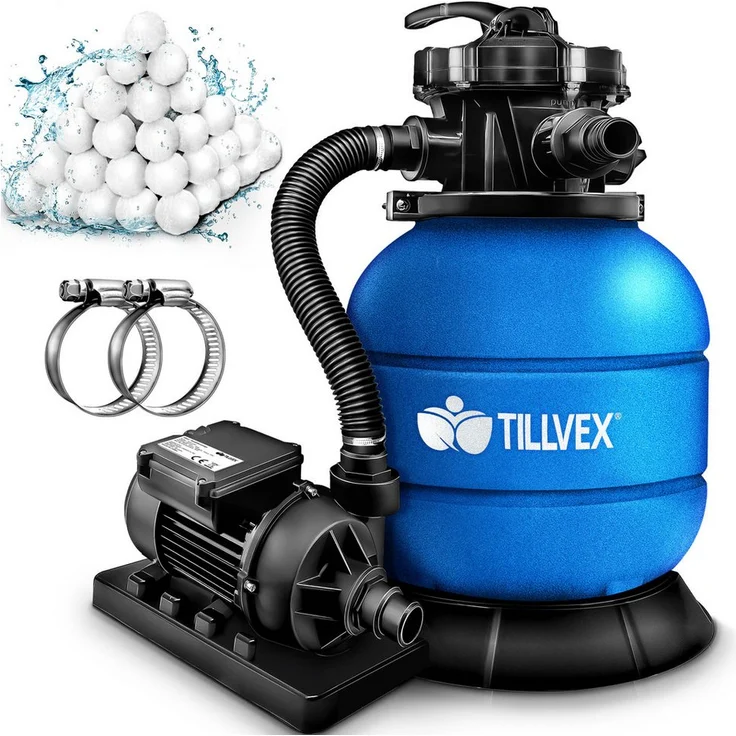 tillvex Sandfilteranlage 7.900L/h mit 400g Filterbällen, Pumpe und 7-Wege Ventil für Poolfilteranlagen