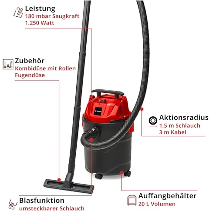 Einhell Nass-Trocken-Sauger TC-VC 1820, 1250 W, 20 Liter Behälter, mit Saugschlauch Ø 36 mm, blau – Bild 2