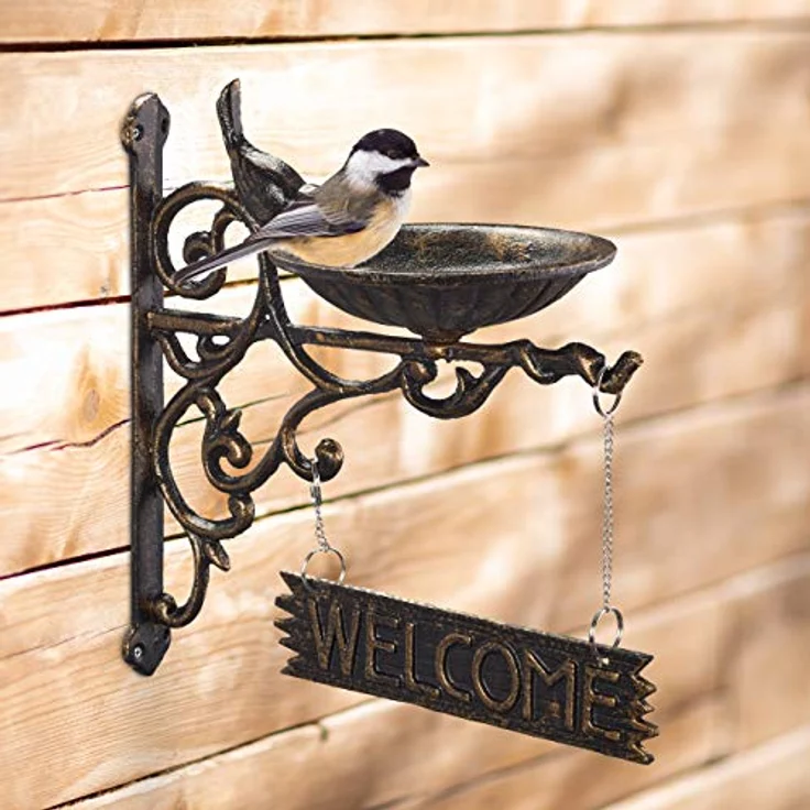 Relaxdays Vogeltränke Gusseisen, WELCOME Schild, Gartendeko, Wandmontage, Futterstelle, Wasserschale f. Wildvögel, bronze - Preisvergleich – Bild 2