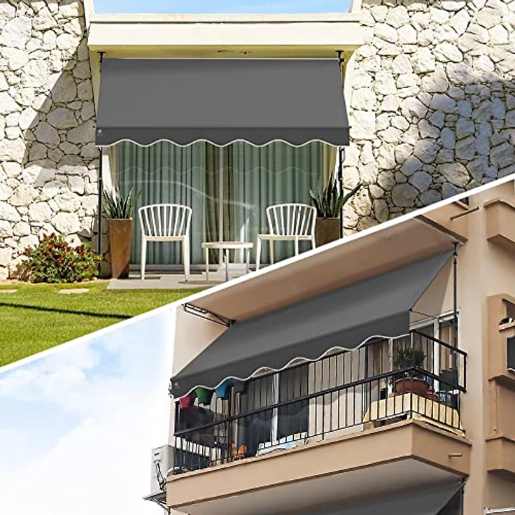 VOUNOT Klemmmarkise Balkon mit Handkurbel, höhenverstellbar Balkonmarkise ohne Bohren, UV-beständig, Wasserdicht & Sonnenschutz, 200 cm breit, Grau – Bild 2