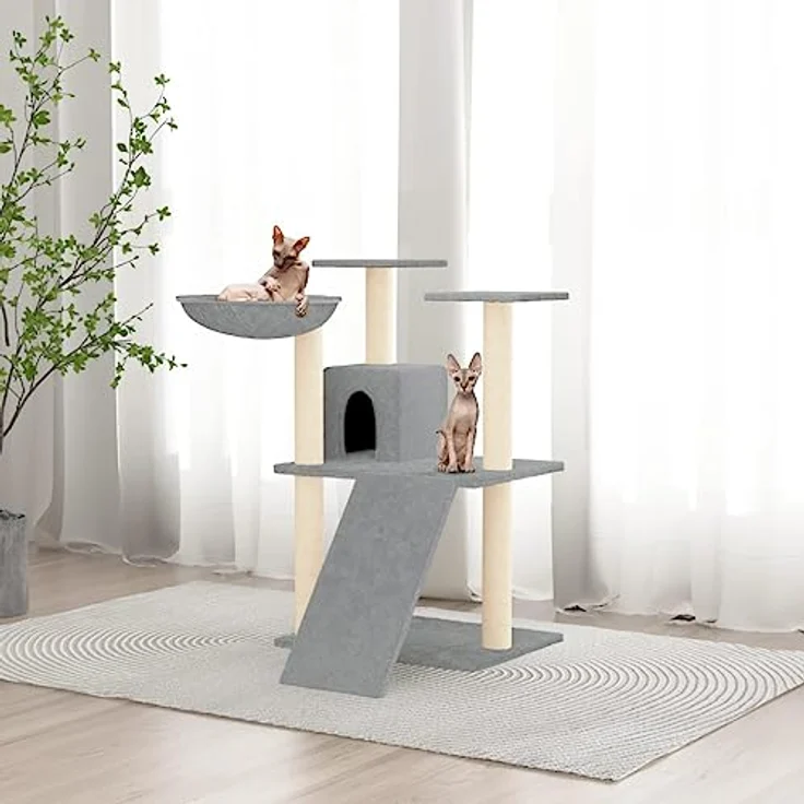 vidaXL Kratzbaum mit Haus, Hängematte, Leiter und Plattformen, hellgrau – Bild 2