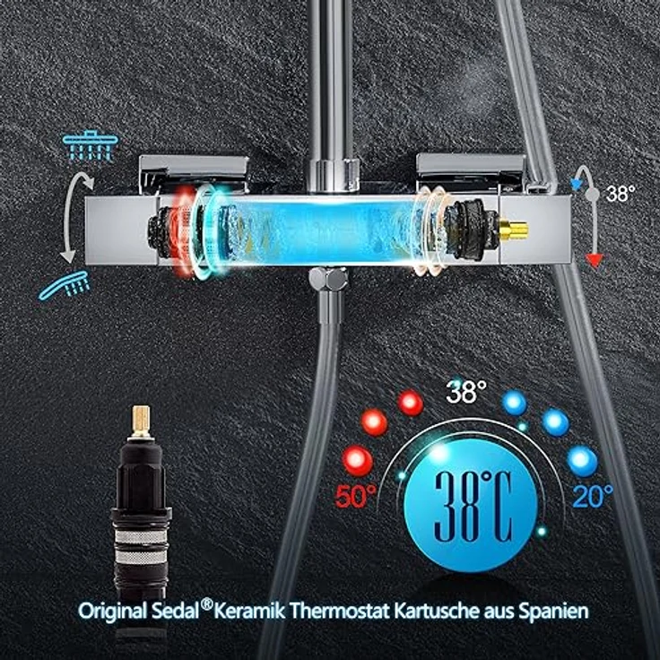 JOHO Thermostat Duschset, Regendusche Duschsystem mit 304 Edelstahl Kopfbrause 30x30cm, verstellbarer Duschsäule und Sicherheitsthermostat – Bild 4