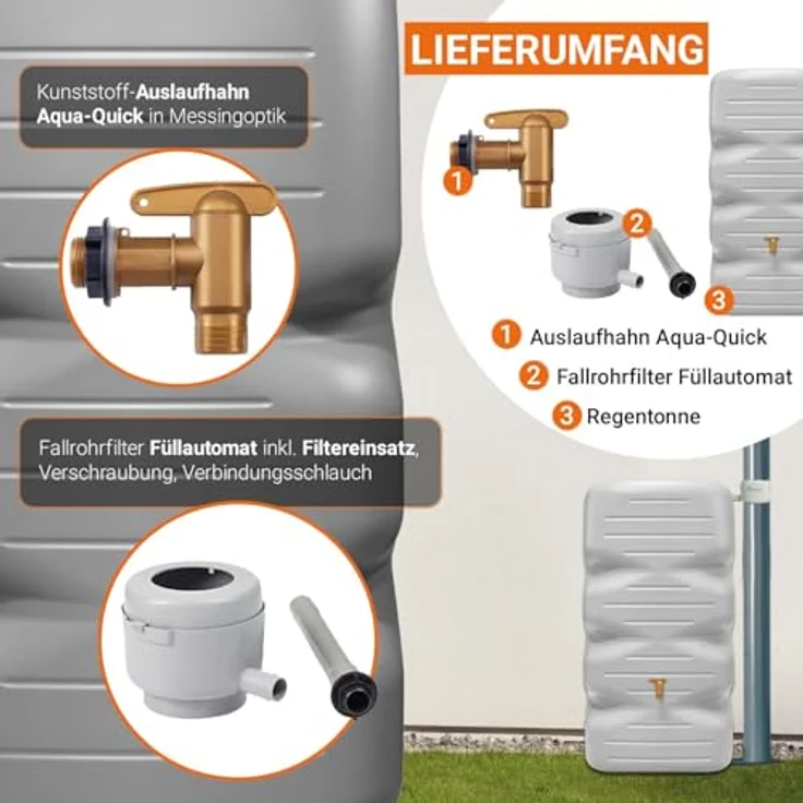 Garantia CUBUS Regentonne Komplett-Set 340 Liter betongrau - Umweltfreundliche Regenwassernutzung, modernes Design, praktische Wasserentnahme – Bild 4