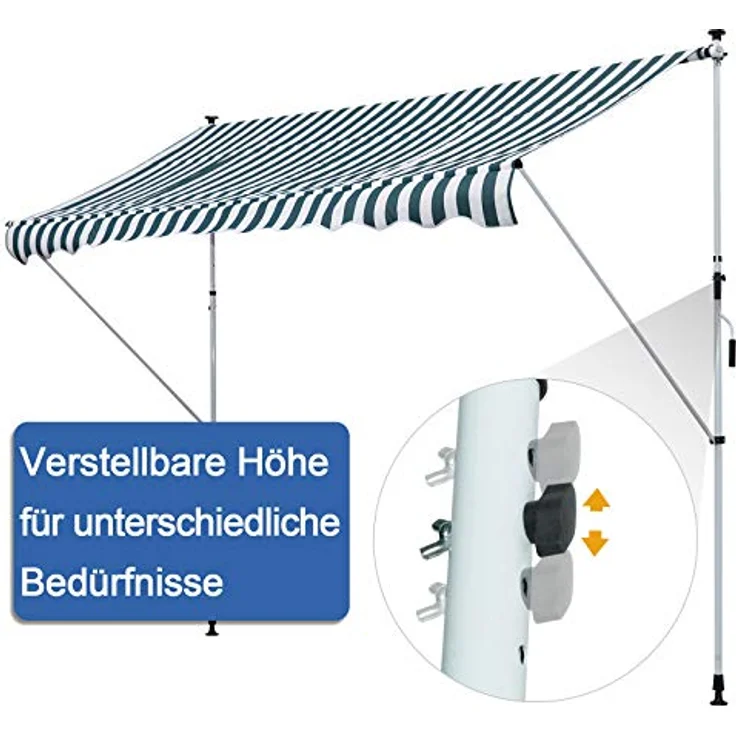 Outsunny Markise Gelenkarmmarkise Klemmmarkise Höhenverstellbar Sonnenschutz Faltarm Handkurbel Balkon Alu Grün+Weiß 300 x 150cm – Bild 5