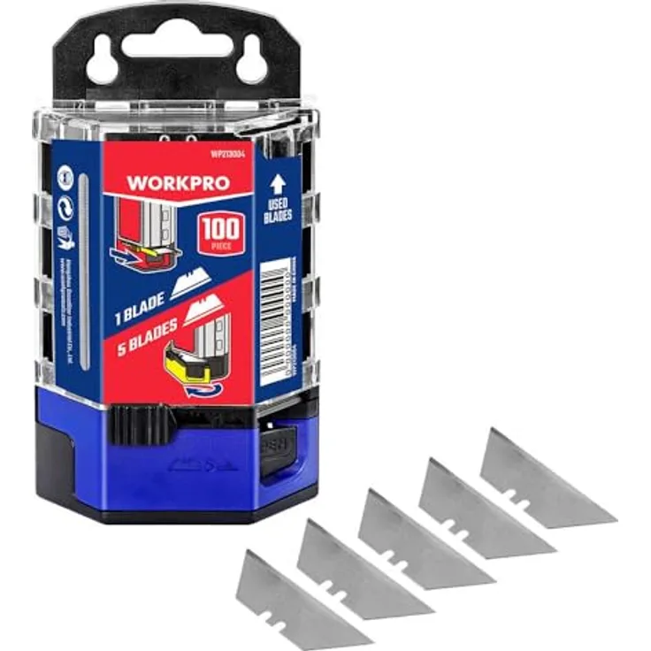 WorkPro WP213004, Cuttermesser mit 100 SK2 Universalmesserklingen und Restklingenanzeige, innovatives Design