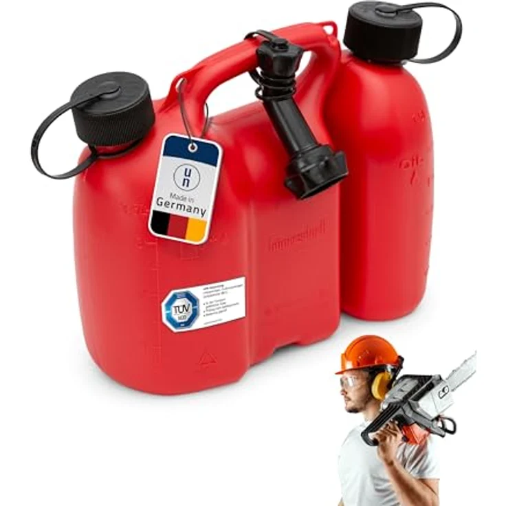hünersdorff PROFI Doppelkanister - Kombikanister für Kraftstoff und Öl mit Kindersicherung und Auslaufrohr, 3 + 1,5 Liter, rot, UN-Zulassung, Made in Germany – Bild 9