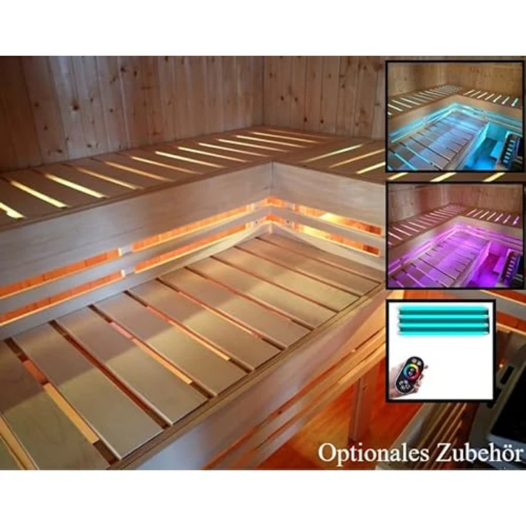 FinnTherm Sauna Innenkabine Spruce für Saunahäuser, BxTxH: 194 x 194 x 199 cm, 68 mm, mit bronziertem Ganzglasfenster und massiven Linden-Saunaliegen – Bild 3