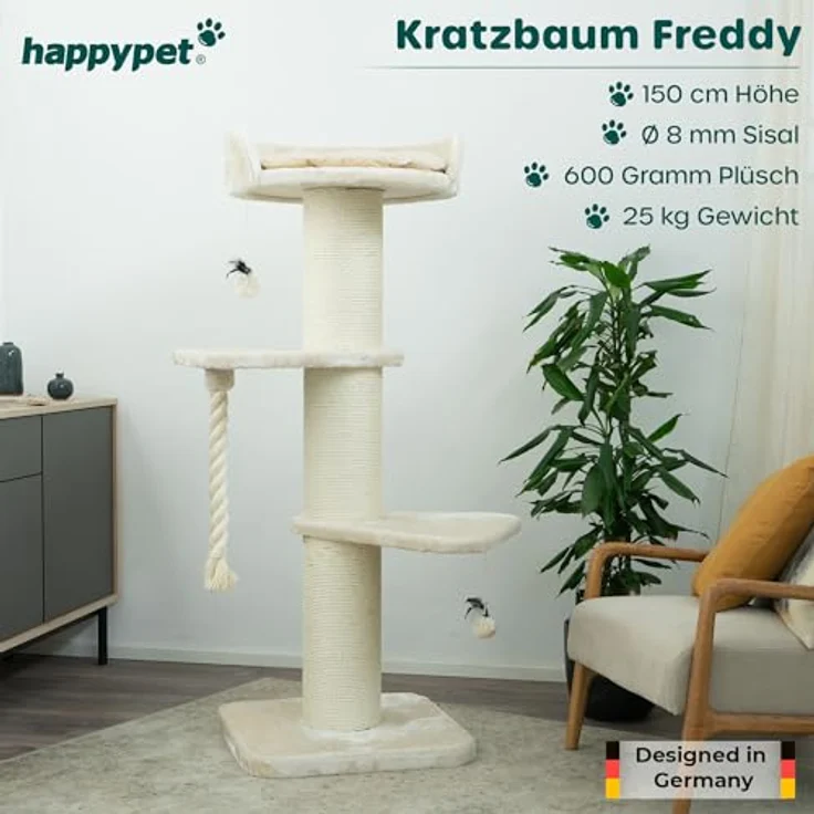 HAPPYPET Premium Kratzbaum Grosse Katzen Stabil 'Freddy' – Katzenbaum, Kletterbaum, für Maine Coon, Natursisal, Dicke Stämme mit 20 cm, 150 cm Hoch, Creme – Bild 2