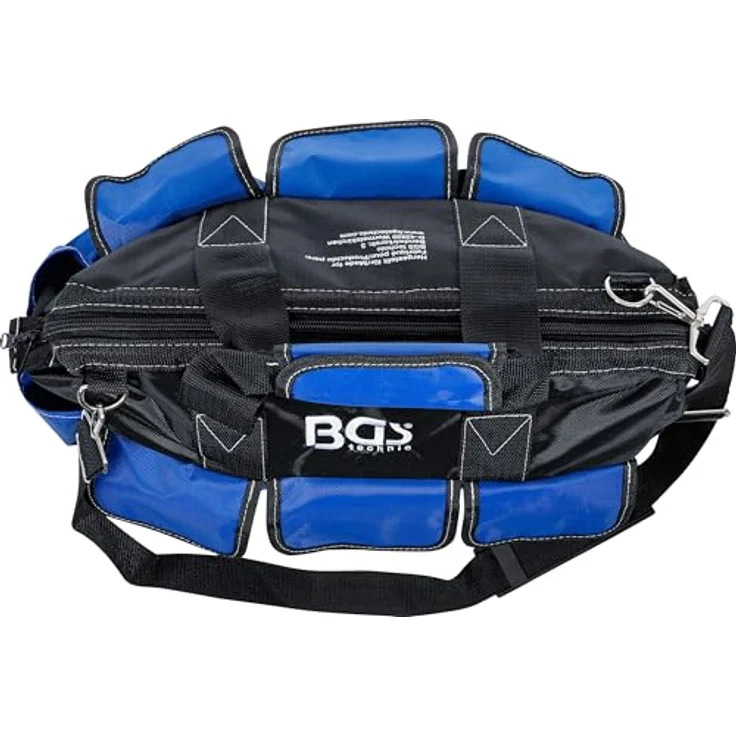 BGS 74390 | Universal Werkzeugtasche | medium | 406 x 190 x 300 mm | strapazierfähig, kompakt, Nylon, 10 Außenfächer, 8 Innenfächer, Tragegriffe, Oberteil weit zu öffnen, abnehmbarer Schultergurt | Schwarz – Bild 4