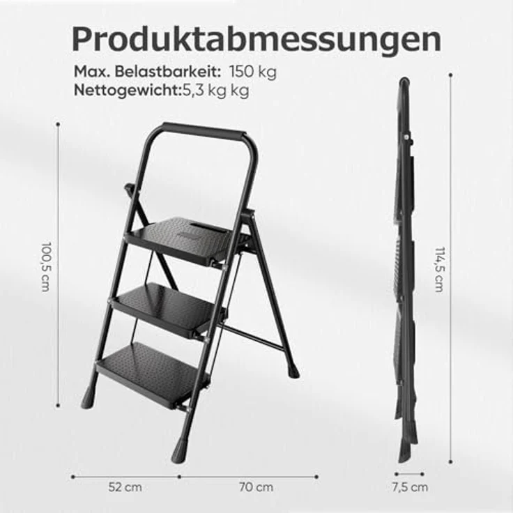 Sekey Trittleiter Klapptritt Faltbar 3 Stufen mit 36 cm XXL-Trittstufen, Anti-Rutsch, bis 150 kg, Haltebügel und rutschsicheren Fußkappen – Bild 7