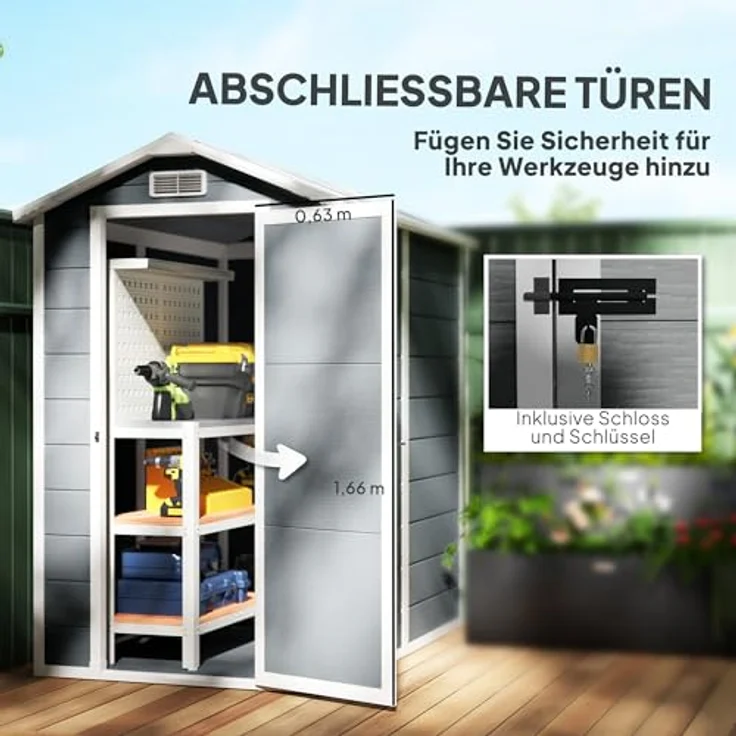 Outsunny Gerätehaus 2,1m², Wasserdichtes Gartenhaus mit Pultdach, Abschließbarer Tür und Aluminiumrahmen, Grau – Bild 6