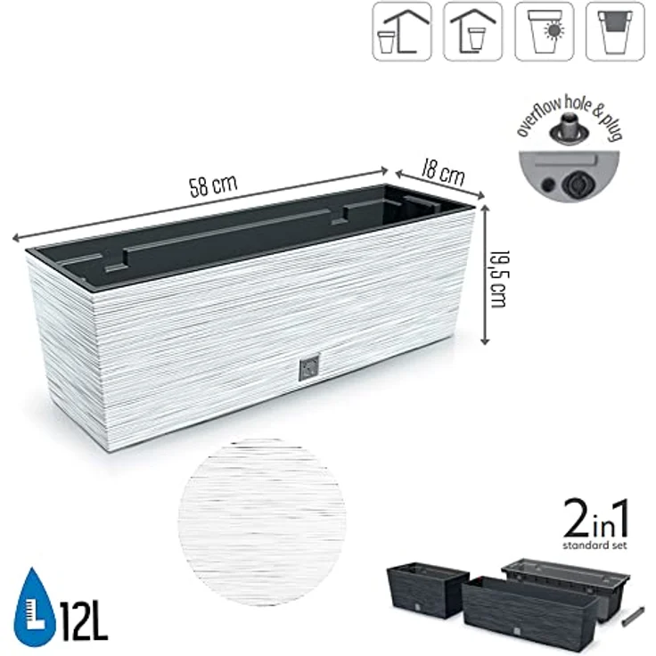 Macetero color blanco, con depósito, colección FURU, de 58 x 18 x 19,5 cm, capacidad de 12 L. – Bild 2
