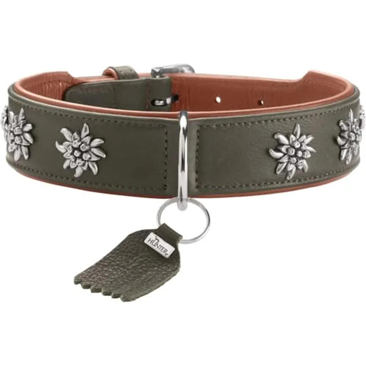 HUNTER Hundehalsband MÜNCHEN, Leder grün/Cognac, mit edlen Trachten-Details, fellschonend, Made in Germany, Größe 55