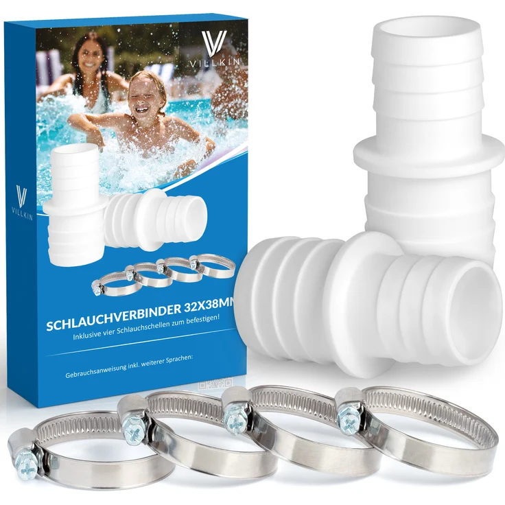 Villkin Schlauchverbinder-Set 32x38mm, Auslaufsichere Verbindung für Pool & Gartenschläuche, inklusive Edelstahl-Schlauchschellen, weiß