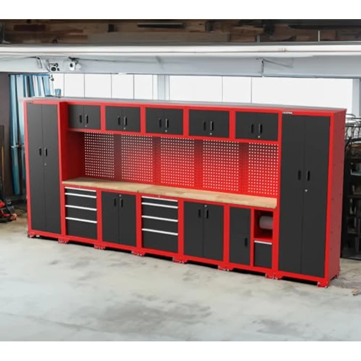 FEISTOS Werkbank Juno 12, modulare Werkstatteinrichtung mit Lochwand, Schwarz/Rot, 462x46x198 cm, inkl. abschließbare Schränke und höhenverstellbare Füße – Bild 2