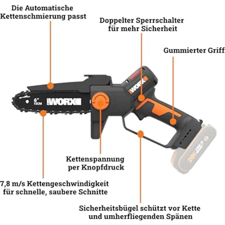 Worx WG327E 20 V Akku-Mini-Kettensäge mit bürstenlosem Motor, automatischer Kettenschmierung und werkzeuglosem Kettenwechsel – Bild 9